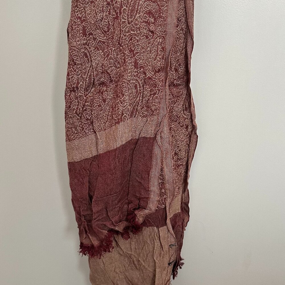 Burgundy & Taupe Patterned Scarf with Fringe